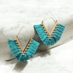 Turquoise Gold Boho Tassel Statement Earrings. Geometric Southwest Resort Wear